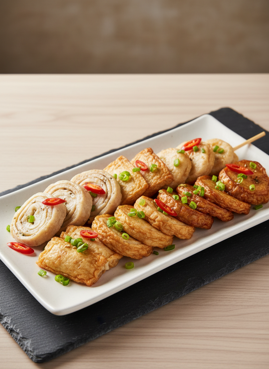 A close-up photographic image of a beautifully plated Korean fish cake assortment on a matte white rectangular ceramic plate. Various Samjin-style eomuk pieces—rolled, sliced, skewered, and stuffed—are arranged in an elegant gradient from light beige to golden brown, garnished with finely chopped green onions and thin red chili slices. The plate rests on a dark slate serving board atop a light wooden table, evoking a premium Korean restaurant setting. Soft, diffused overhead lighting creates natural-looking highlights on the glossy fish cake surfaces and gentle, inviting shadows. Shot at eye level with a shallow depth of field, the background fades into a soft blur of neutral tones, creating a calm, professional, and appetizing atmosphere focused on the quality of the fish cake products.
