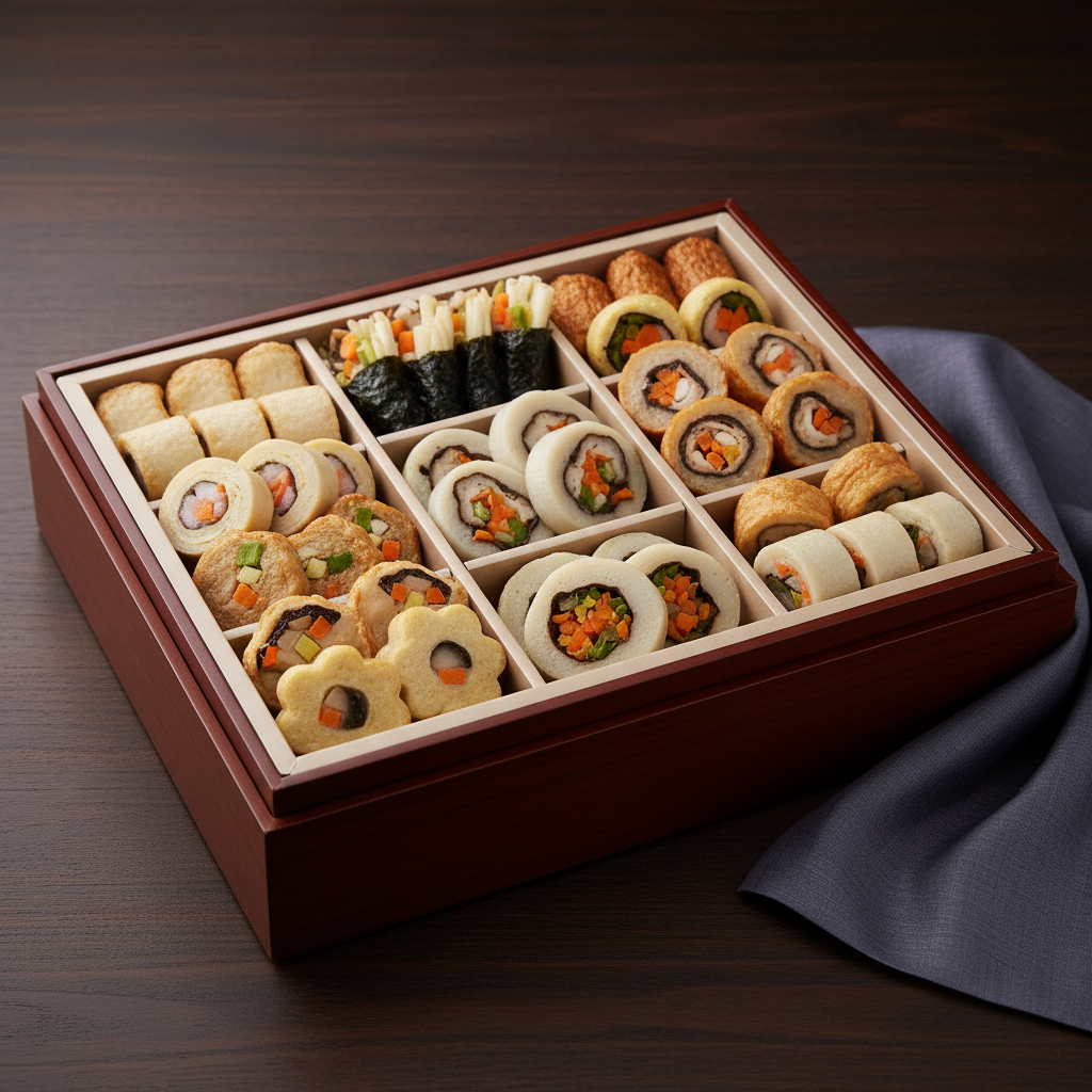 A high-end photographic presentation of a Korean fish cake gift set, arranged inside an elegant, shallow presentation box with compartments lined in soft beige fabric. Each section neatly holds different types of Samjin-style eomuk: rolled varieties, stuffed fish cakes with visible vegetable fillings, and decorative shapes, all in harmonious neutral and golden tones. The box rests on a dark wooden table with a subtle grain, beside a folded, pattern-free cloth in a muted traditional Korean color. Soft, diffused studio lighting from the front creates gentle, even illumination with delicate shadows around the box edges. Shot at a three-quarter angle with balanced composition, the overall mood is luxurious, formal, and carefully curated, suitable for a premium Korean gift or corporate offering focused on fish cake products.