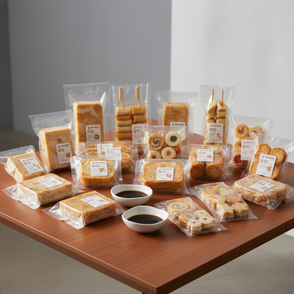 A polished wooden display table filled with an organized assortment of premium Korean fish cake products from Samjin Eomuk, each in clear professional packaging that reveals their textures and shapes. Thick rectangular bars, delicate skewered fish cakes, and assorted shapes in soft beige and golden tones are neatly arranged with small ceramic dipping sauce bowls beside them. The setting is a clean, modern showroom space with a neutral background, emphasizing the products. Soft studio lighting from the side creates gentle highlights on the glossy packaging and subtle shadows under each item. Shot at a slightly elevated angle with sharp focus, photographic realism, and a clean, professional atmosphere optimized for product presentation and local Korean market appeal.