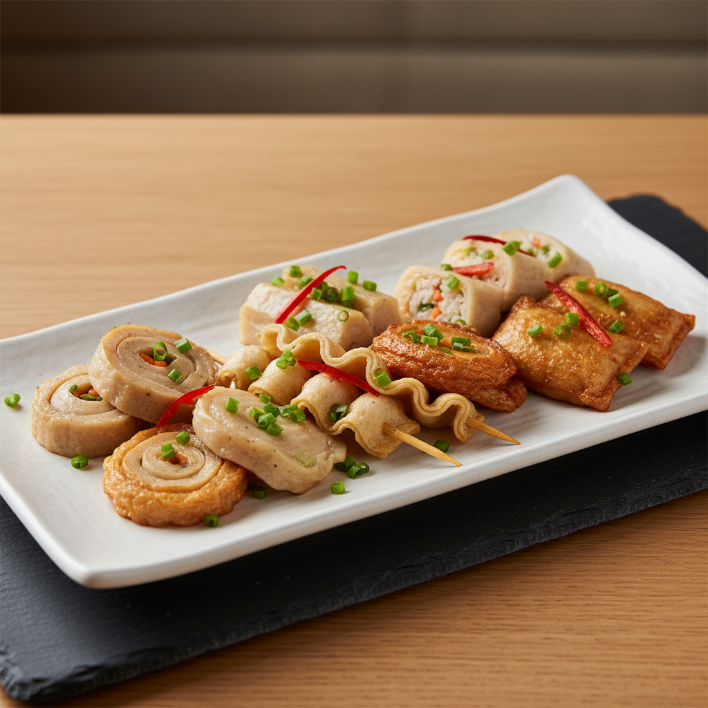 A close-up photographic image of a beautifully plated Korean fish cake assortment on a matte white rectangular ceramic plate. Various Samjin-style eomuk pieces—rolled, sliced, skewered, and stuffed—are arranged in an elegant gradient from light beige to golden brown, garnished with finely chopped green onions and thin red chili slices. The plate rests on a dark slate serving board atop a light wooden table, evoking a premium Korean restaurant setting. Soft, diffused overhead lighting creates natural-looking highlights on the glossy fish cake surfaces and gentle, inviting shadows. Shot at eye level with a shallow depth of field, the background fades into a soft blur of neutral tones, creating a calm, professional, and appetizing atmosphere focused on the quality of the fish cake products.